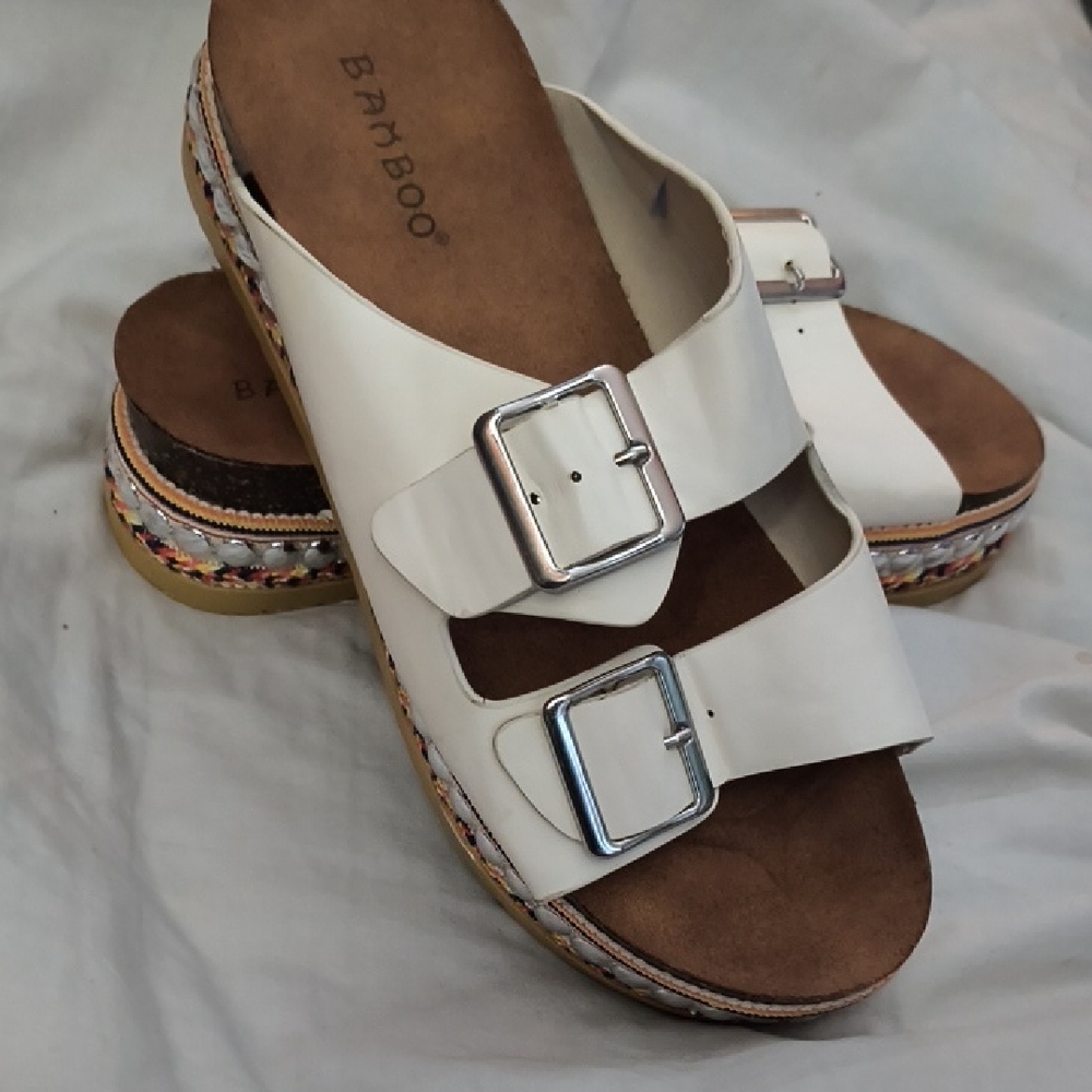 BAMBOO White and Brown Sandals with Cork Footbed
